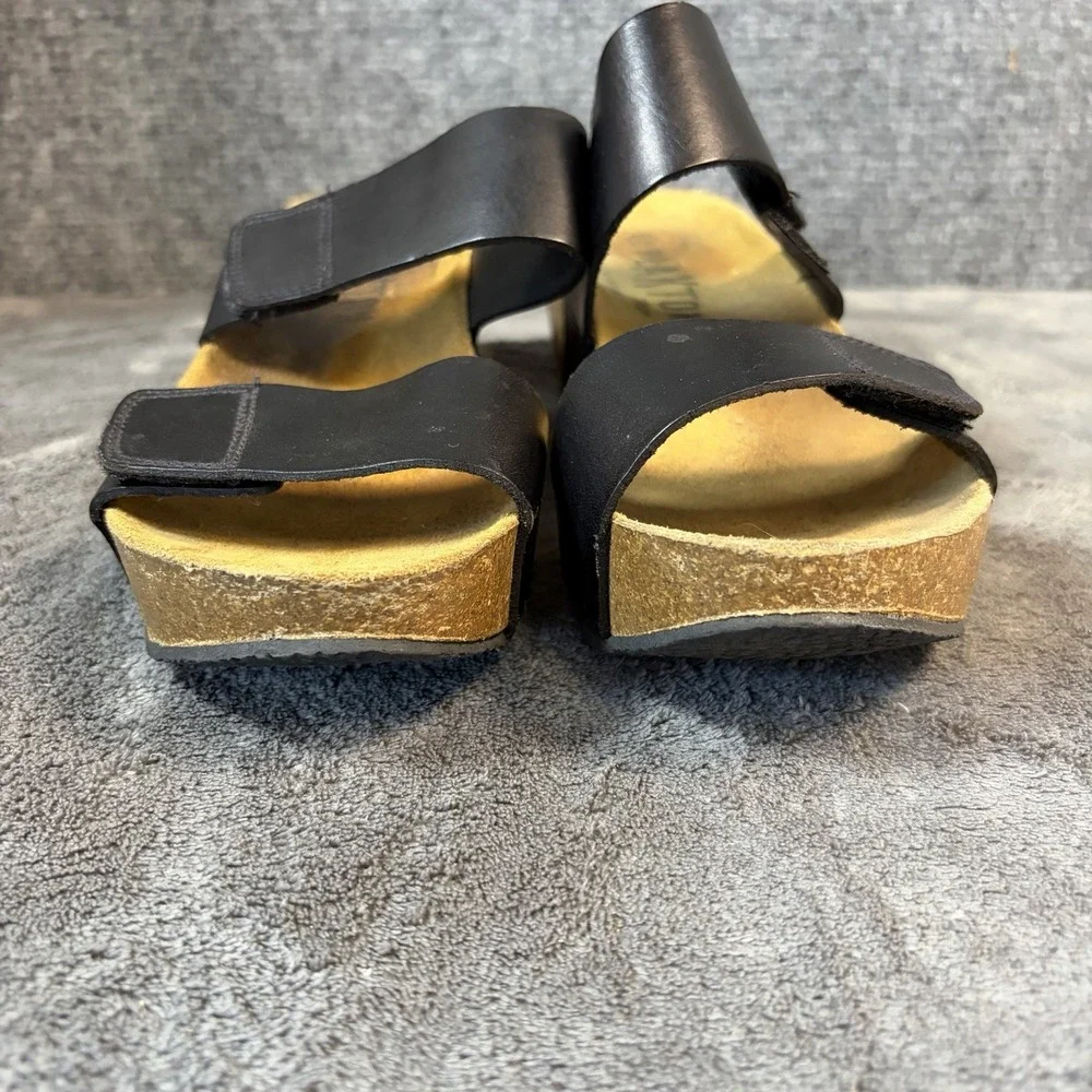 Plakton Leather Wedge Sandals Womens 41 Black Platform Slide Cork Spain Comfort